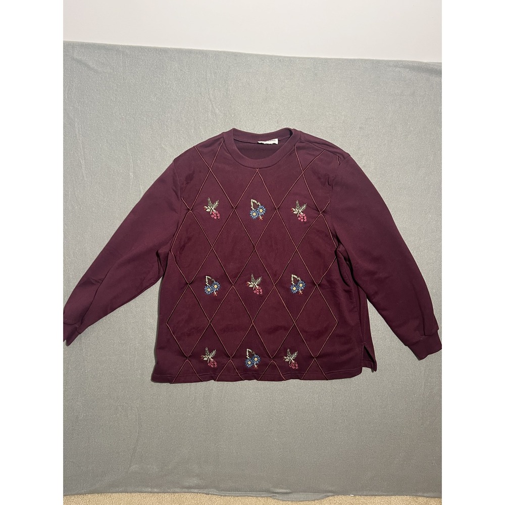 Alfred Dunner Women's XL Burgundy Embroidered Quilted Pullover Sweatshirt Top